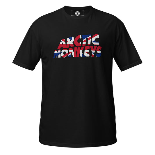 Arctic Monkeys graphic T-shirt with Union Jack-inspired text design and British indie rock style Black