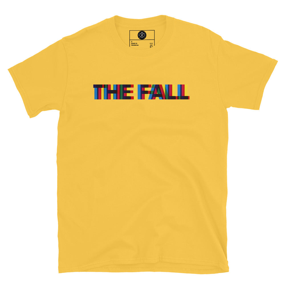 The Fall colour block logo printed on a vibrant yellow T-shirt