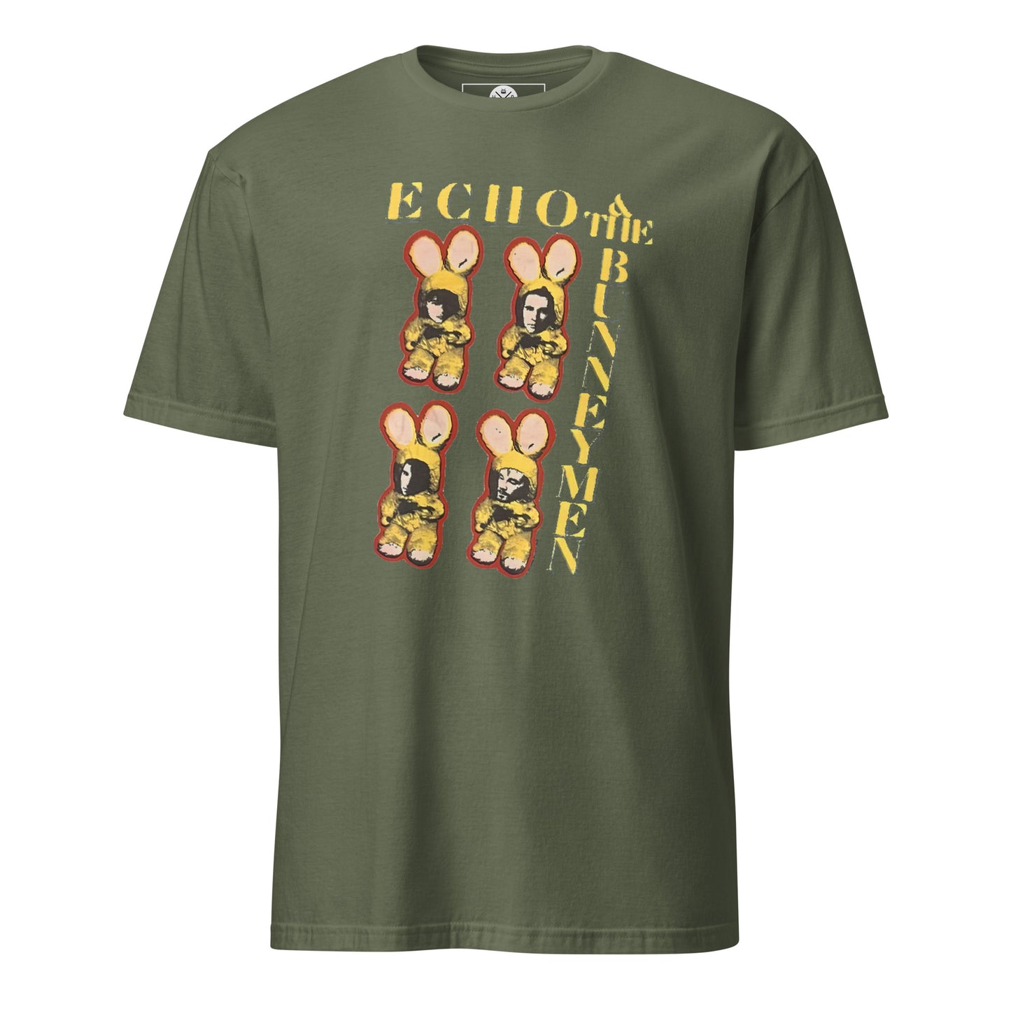Echo & the Bunnymen graphic T-shirt front on military green cotton