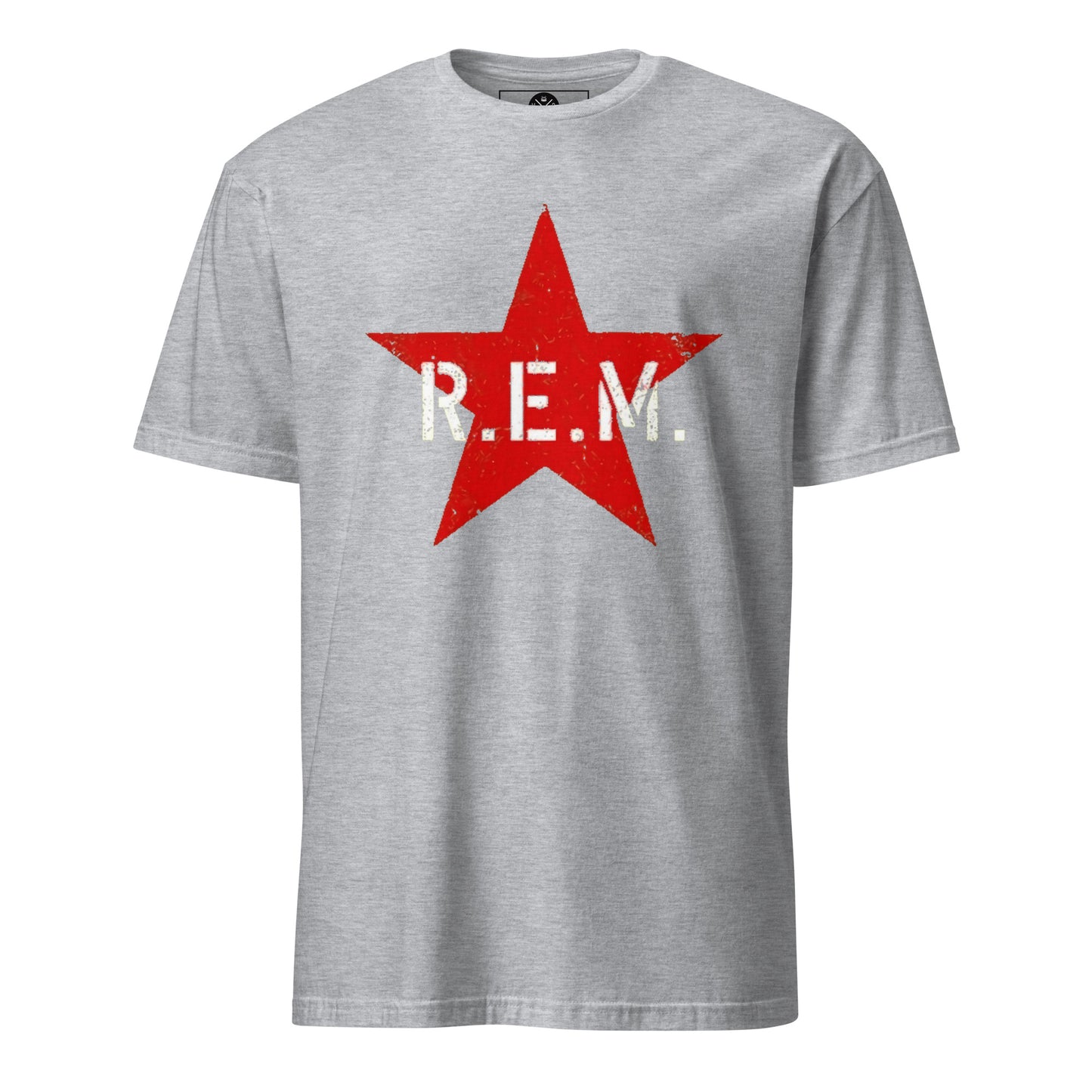 R.E.M. band-inspired red star tee in vintage alternative rock style sports grey