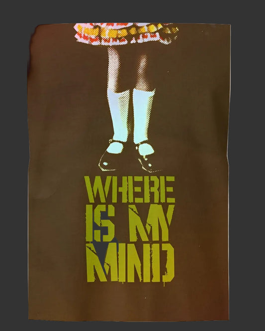 Where Is My Mind Pixies inspired graphic on a white T-shirt with blurred image and bold yellow distressed text1