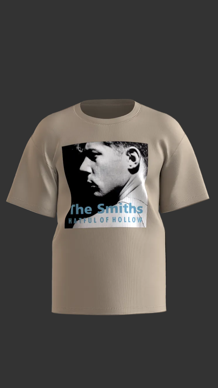 Beige t-shirt with 'The Smiths' graphic design on a black background