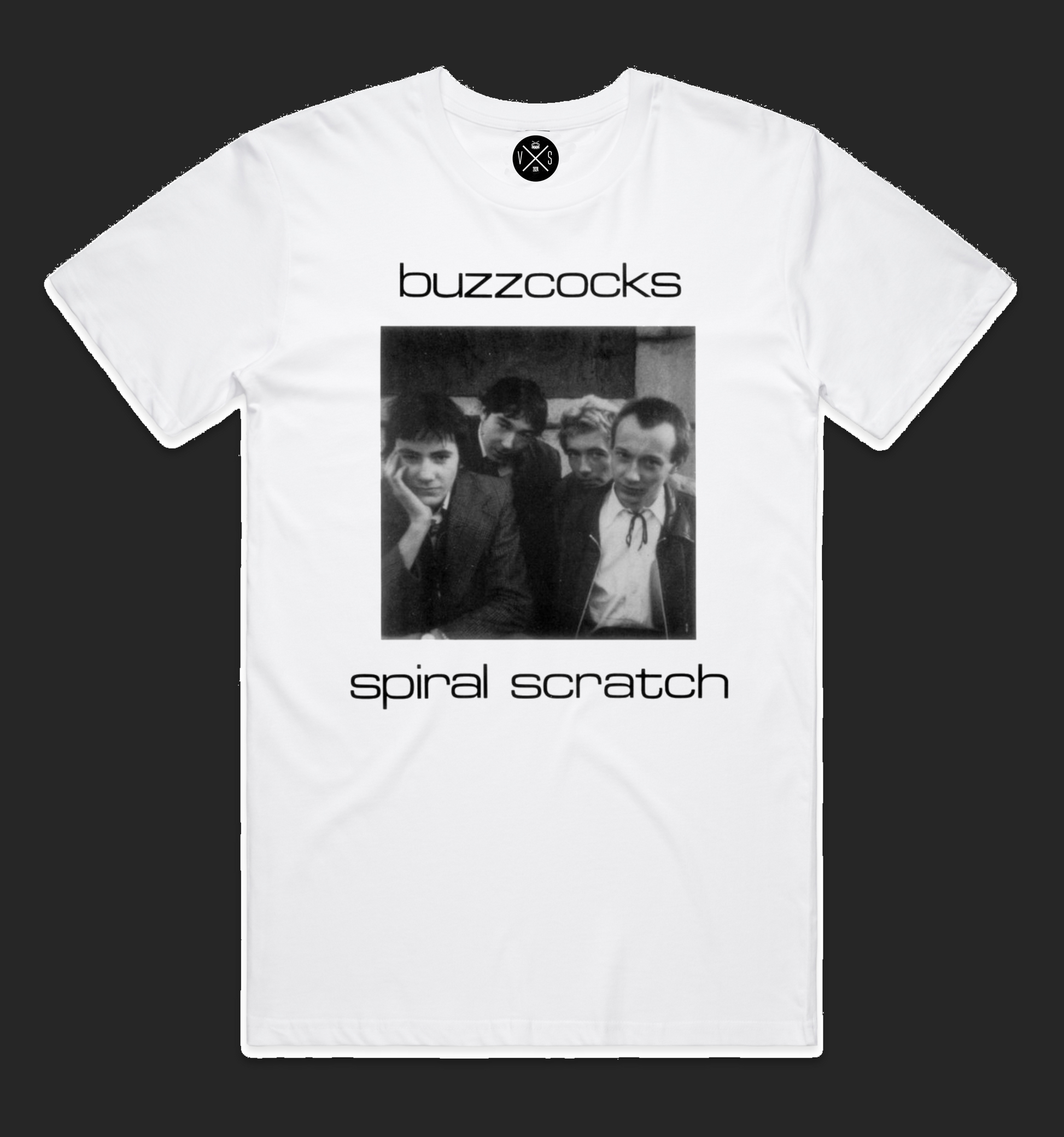 UK punk band t-shirt inspired by late 1970s British punk
Buzzcocks-Spiral Scratch