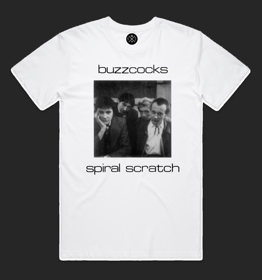 UK punk band t-shirt inspired by late 1970s British punk
Buzzcocks-Spiral Scratch