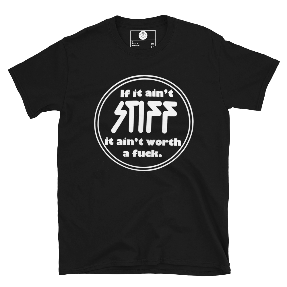 Stiff Records If It Ain’t Stiff graphic T-shirt front on black cotton