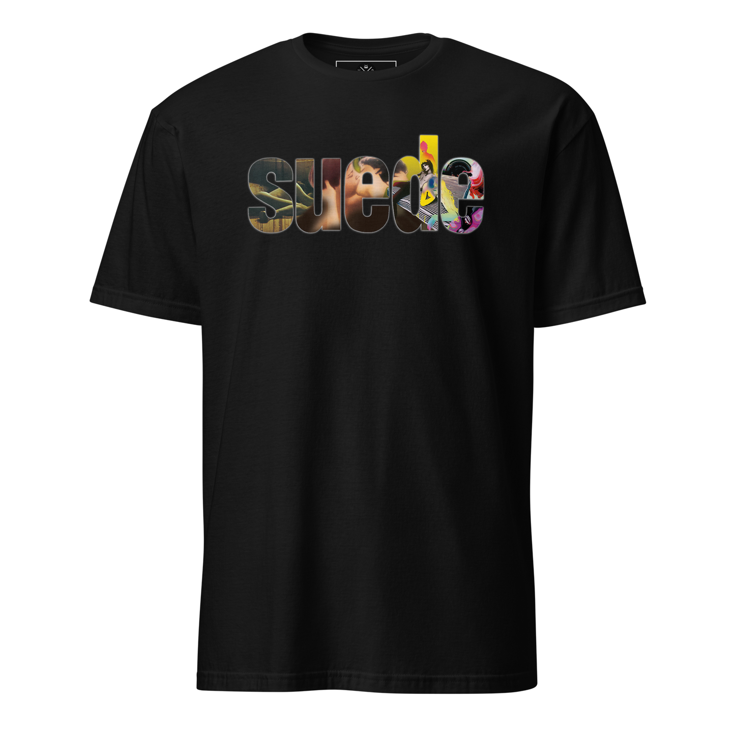 Suede graphic T-shirt front on black cotton