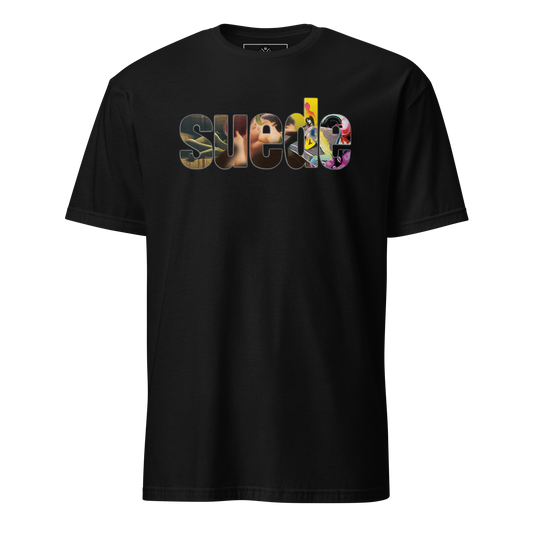 Suede graphic T-shirt front on black cotton