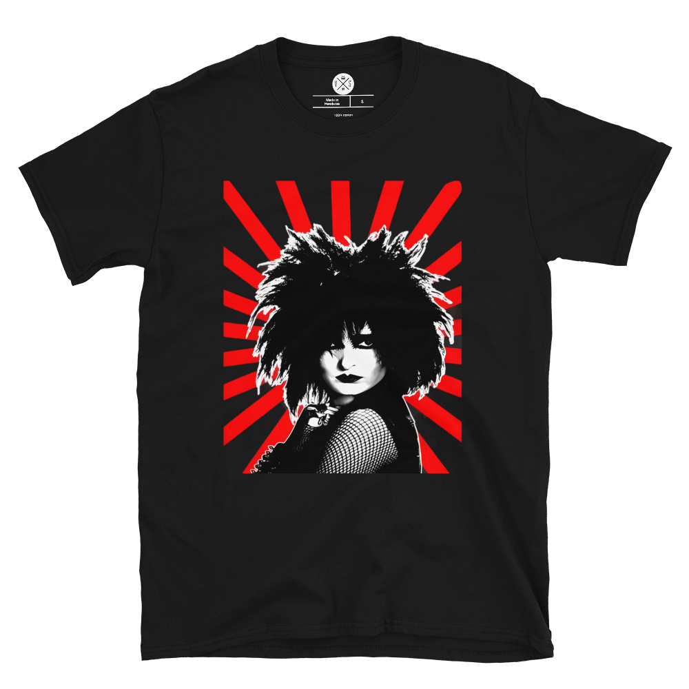 Siouxsie and the Banshees Rising Sun graphic T-shirt front on black cotton