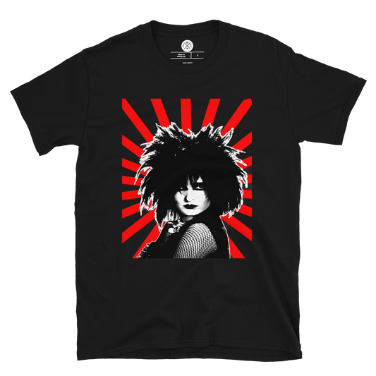 Siouxsie and the Banshees Rising Sun graphic T-shirt front on black cotton