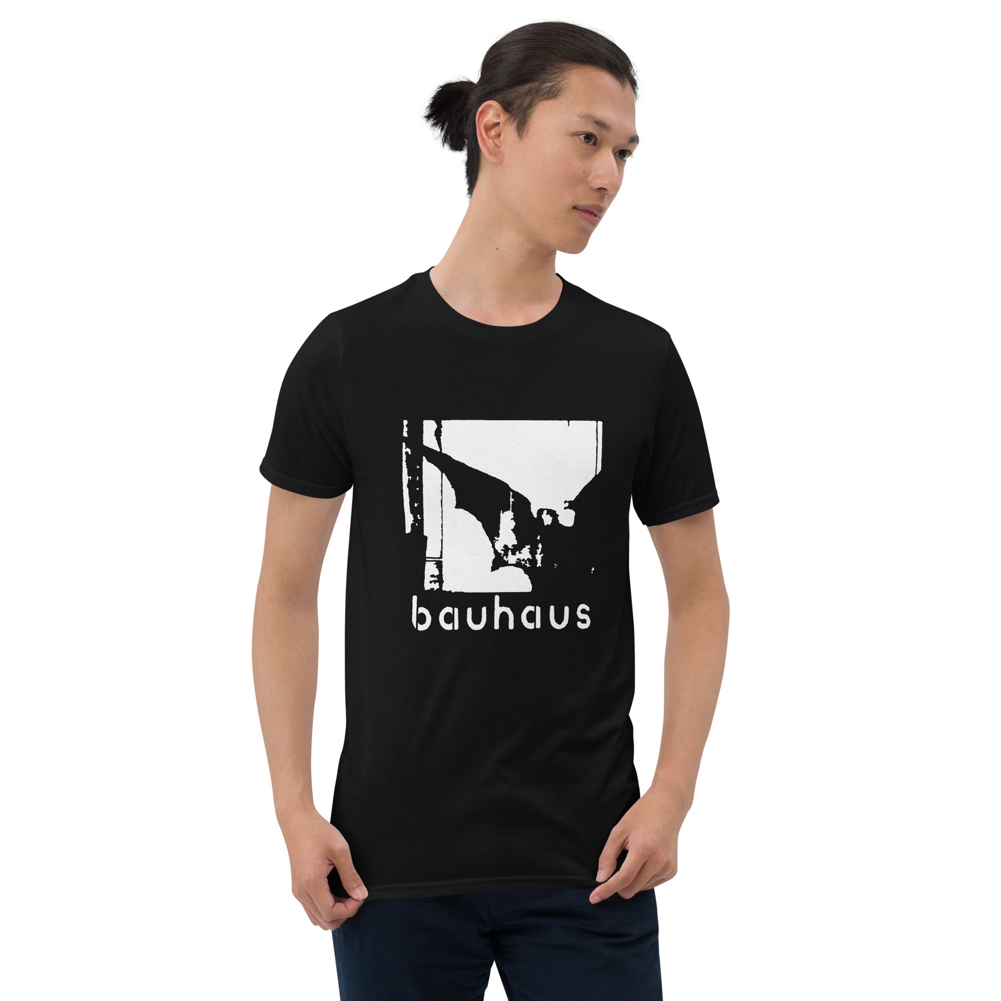 Bauhaus gothic graphic T-shirt front on black cotton