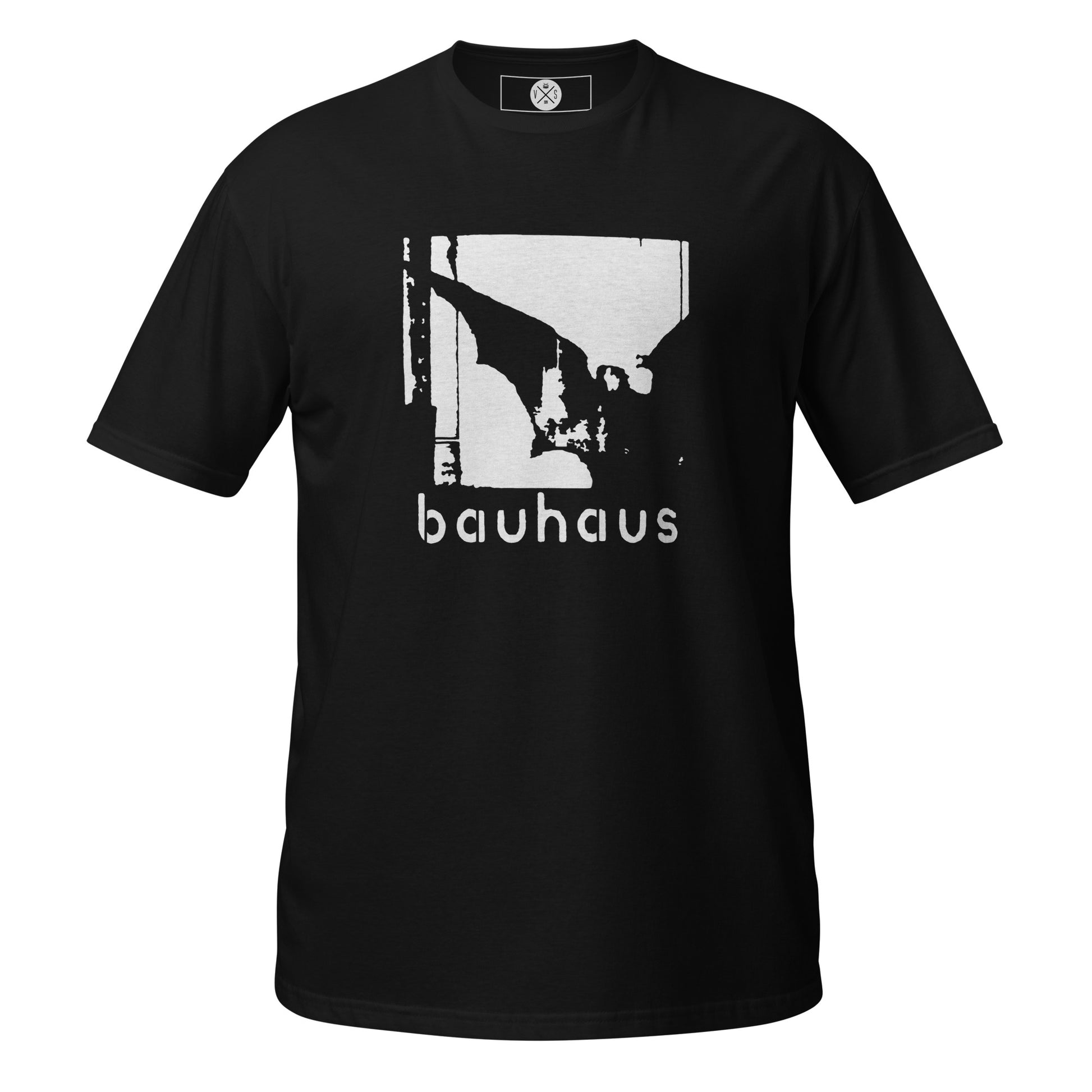 Bauhaus gothic graphic T-shirt front on black cotton