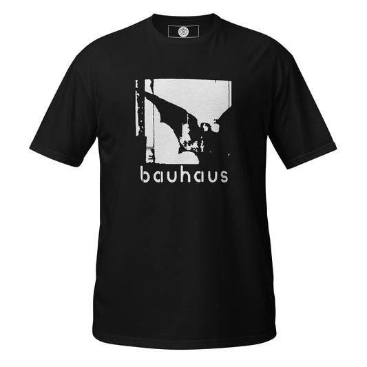 Bauhaus gothic graphic T-shirt front on black cotton