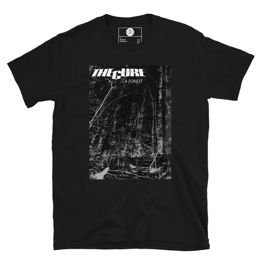 The Cure A Forest graphic T-shirt front on black cotton