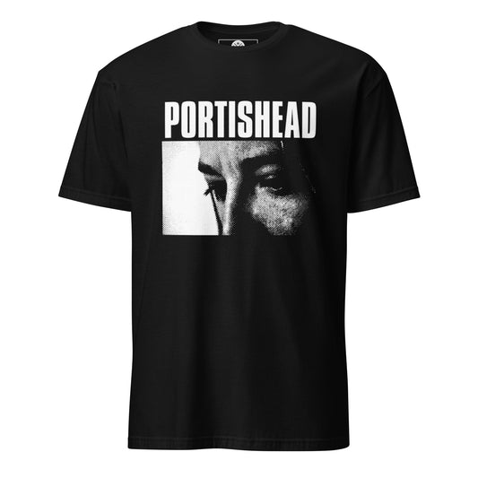 Portishead inspired halftone graphic T-shirt front on black cotton