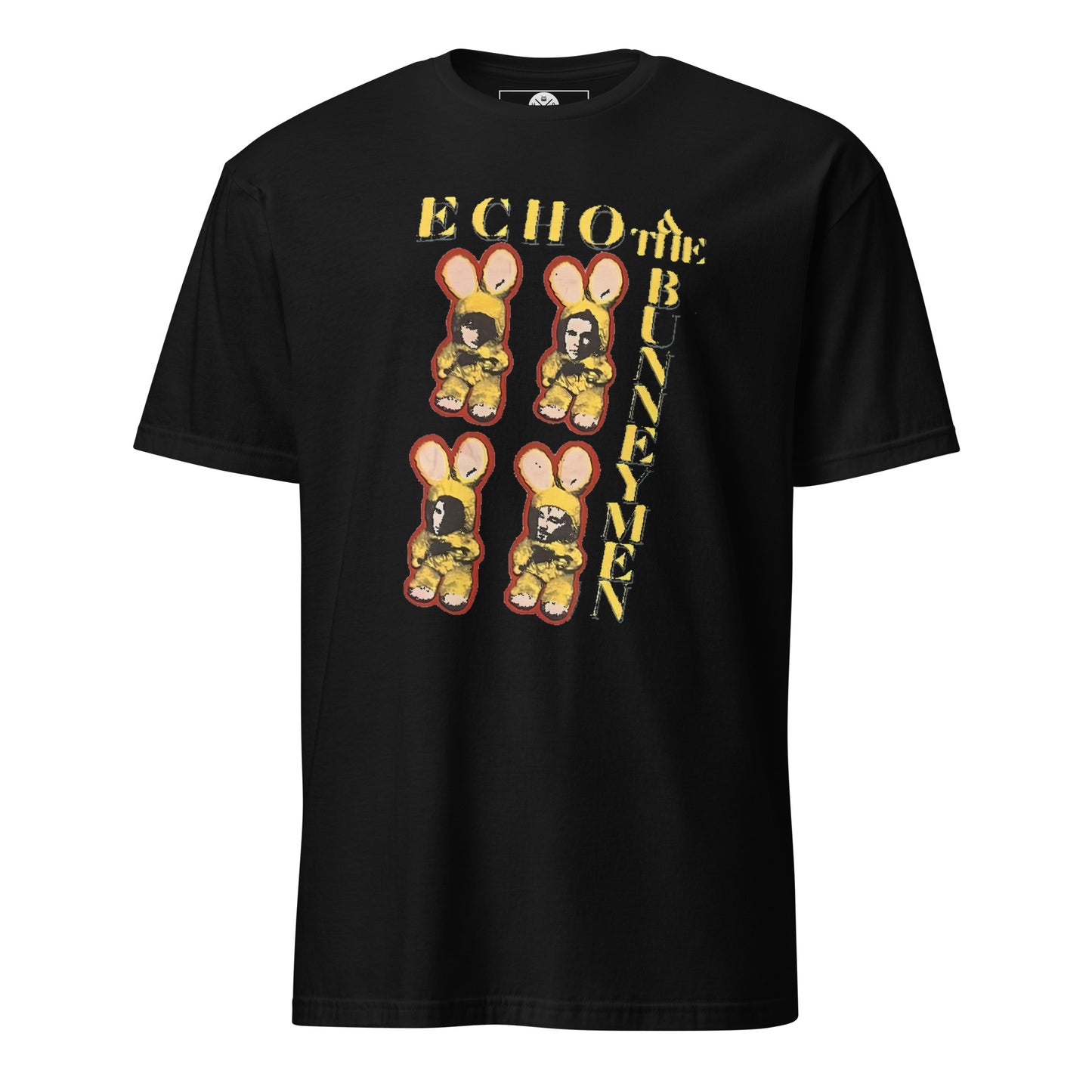 Echo & the Bunnymen graphic T-shirt front on black cotton