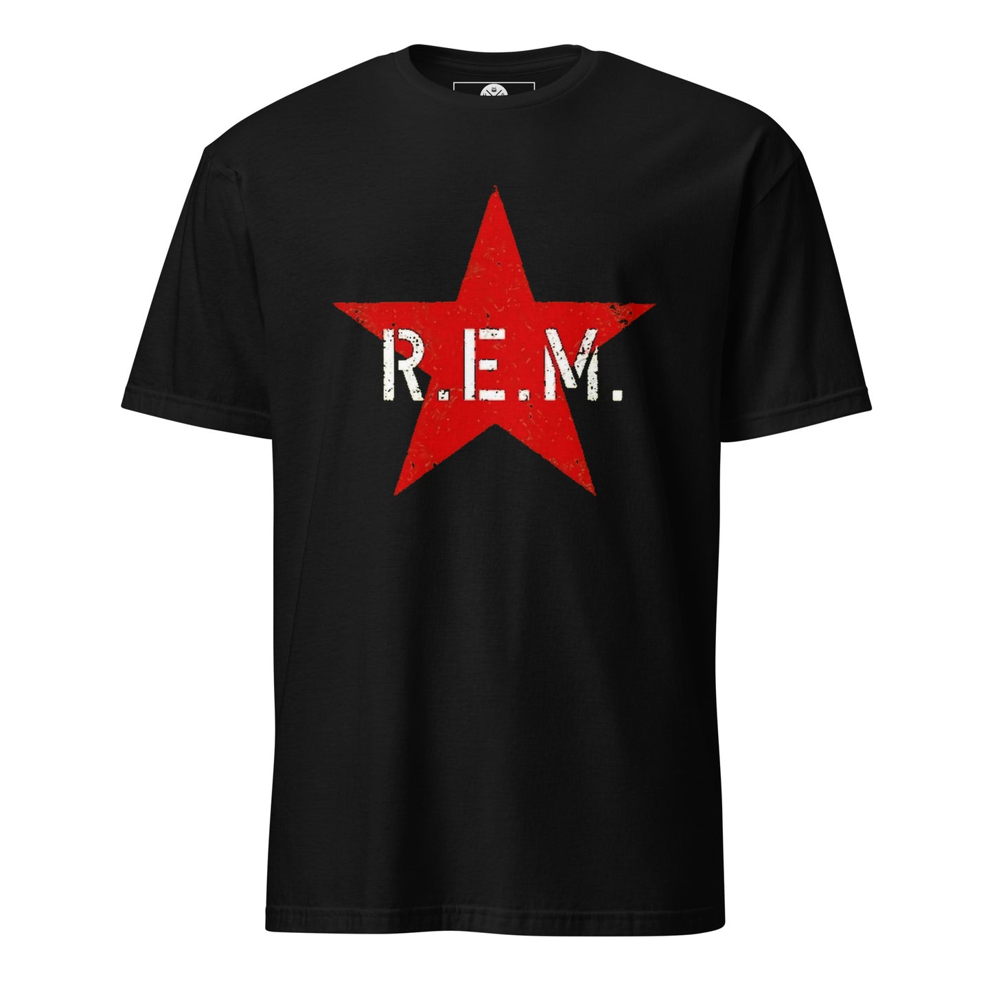 R.E.M. band-inspired red star tee in vintage alternative rock style black