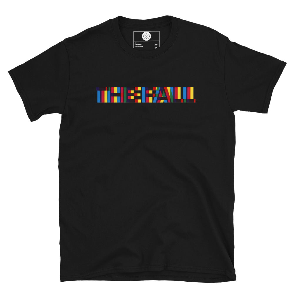 The Fall colour block logo printed on a black T-shirt