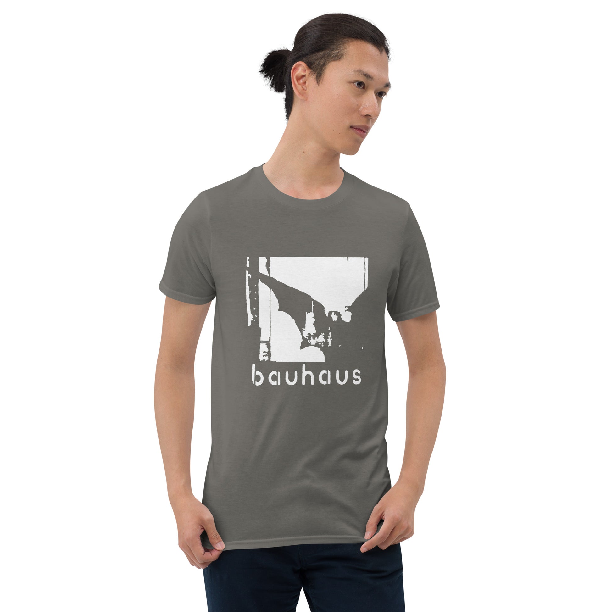 Bauhaus gothic graphic T-shirt front on charcoal cotton