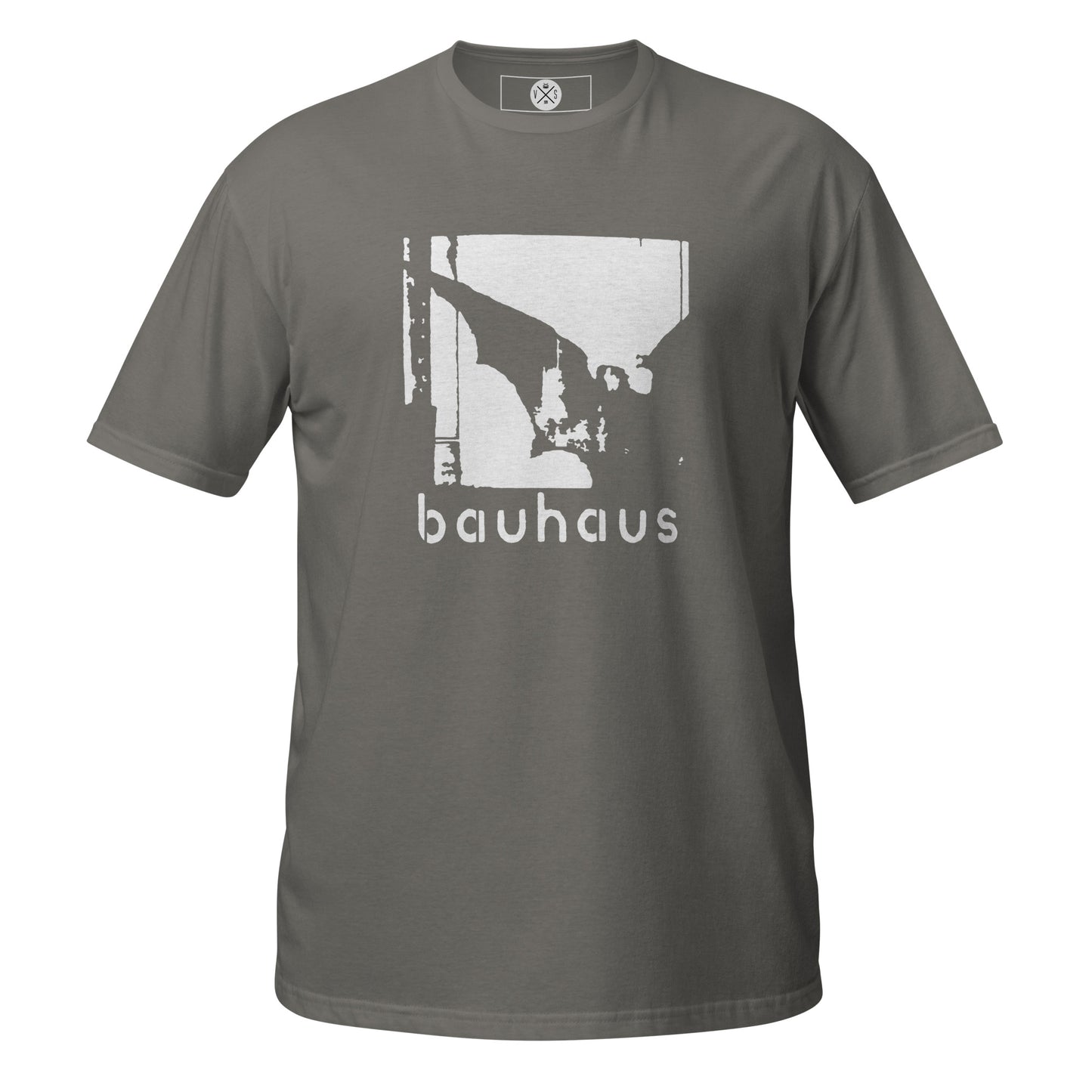Bauhaus gothic graphic T-shirt front on charcoal cotton