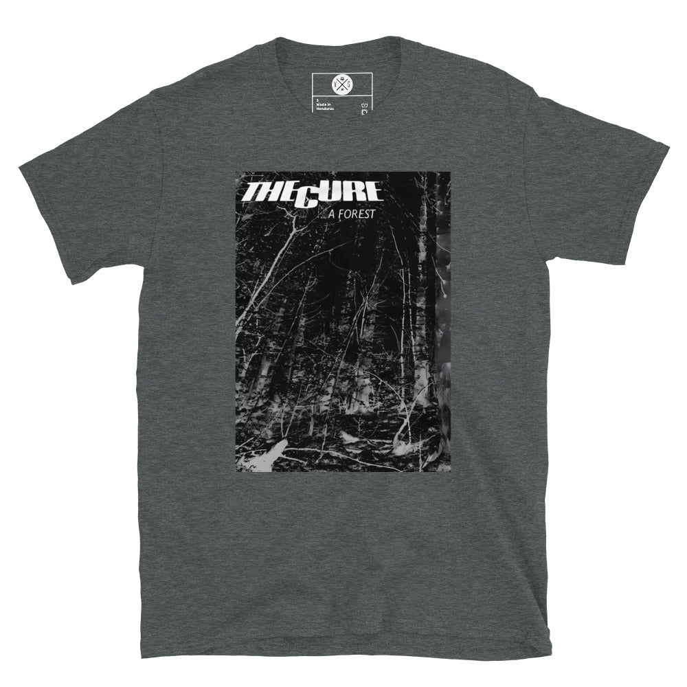 The Cure A Forest graphic T-shirt front on dark heather cotton