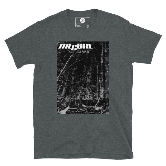 The Cure A Forest graphic T-shirt front on dark heather cotton