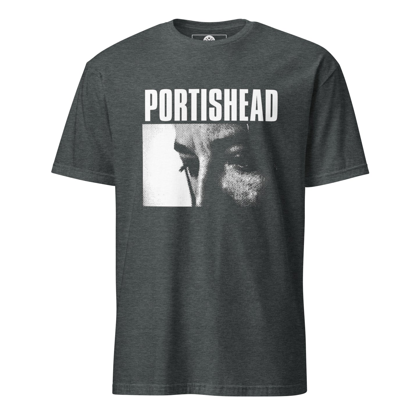 Portishead inspired halftone graphic T-shirt front on dark heather cotton