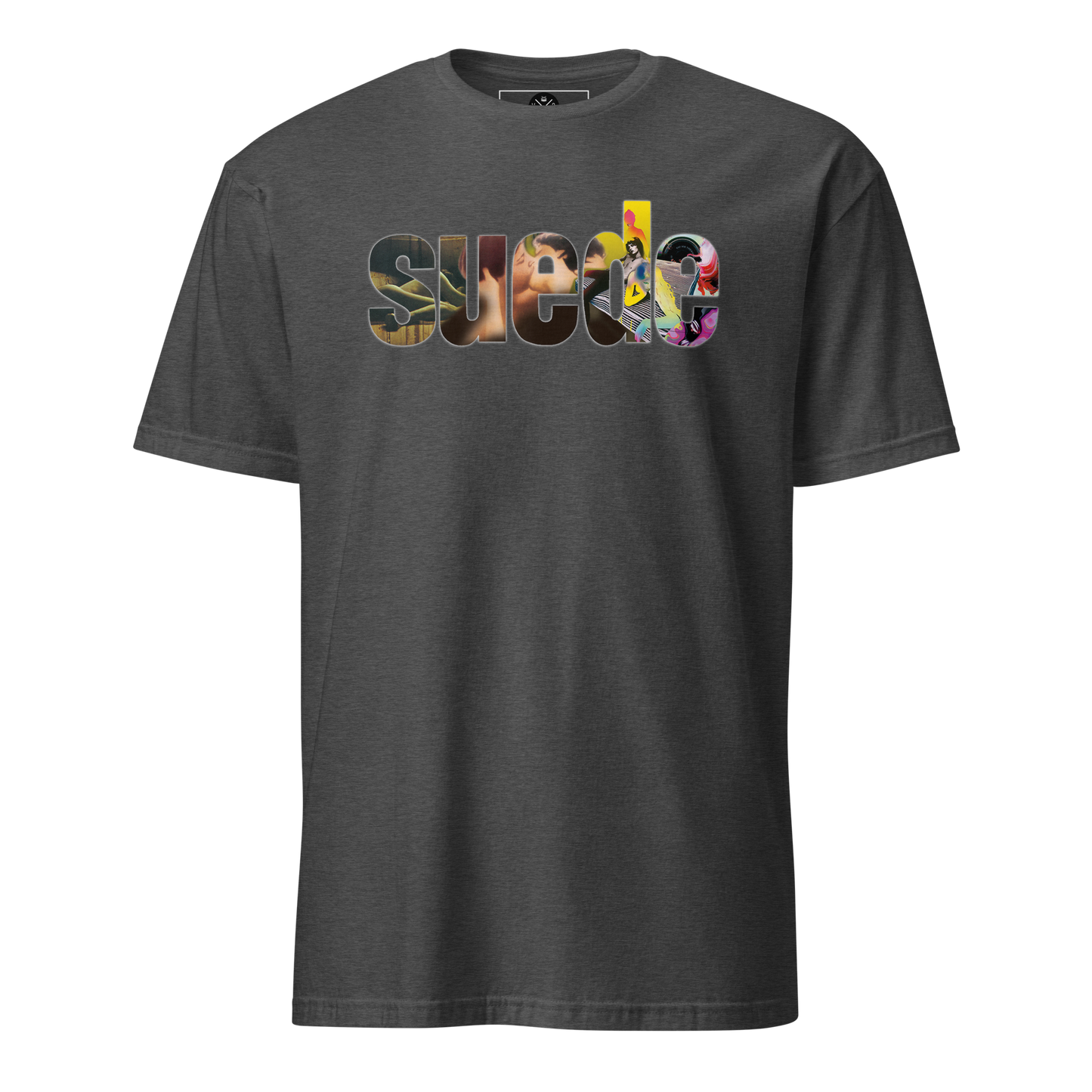 Suede graphic T-shirt front on dark heather grey cotton