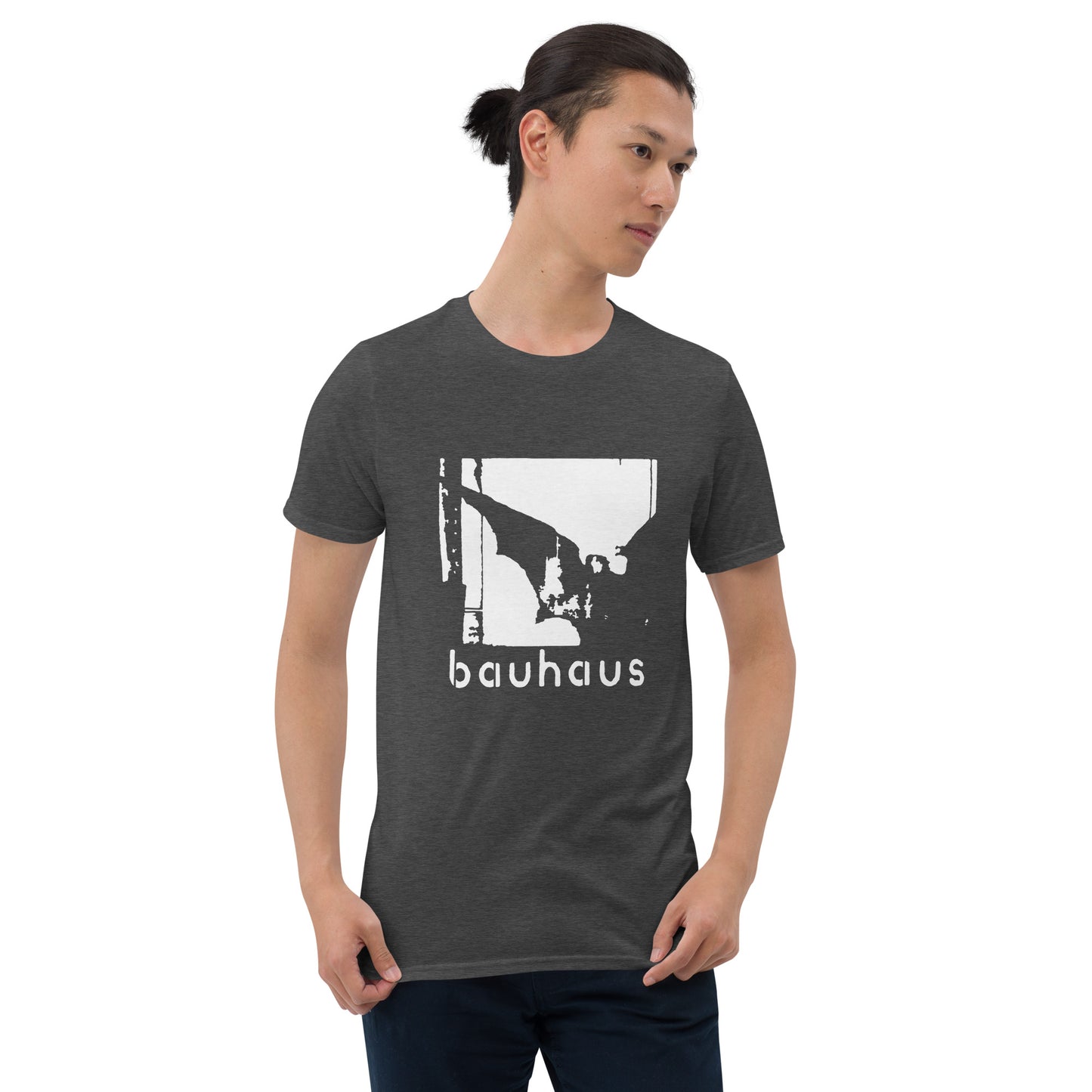 Bauhaus gothic graphic T-shirt front on dark heather grey cotton