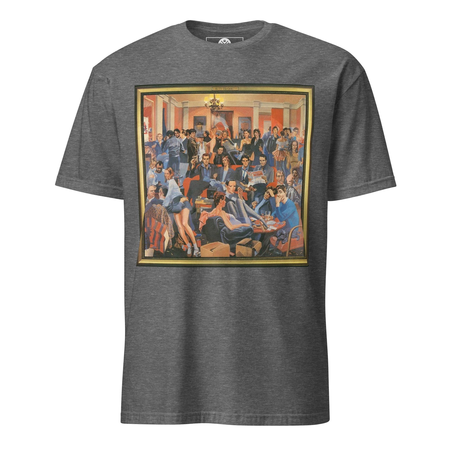 The Ruts The Crack T-shirt featuring illustrated album artwork with a crowded late-70s interior scene Heather Grey