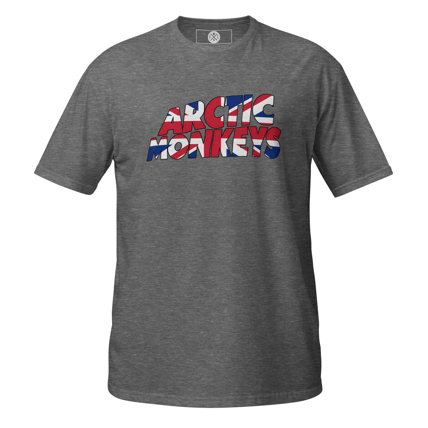 Arctic Monkeys graphic T-shirt with Union Jack-inspired text design and British indie rock style Heather grey