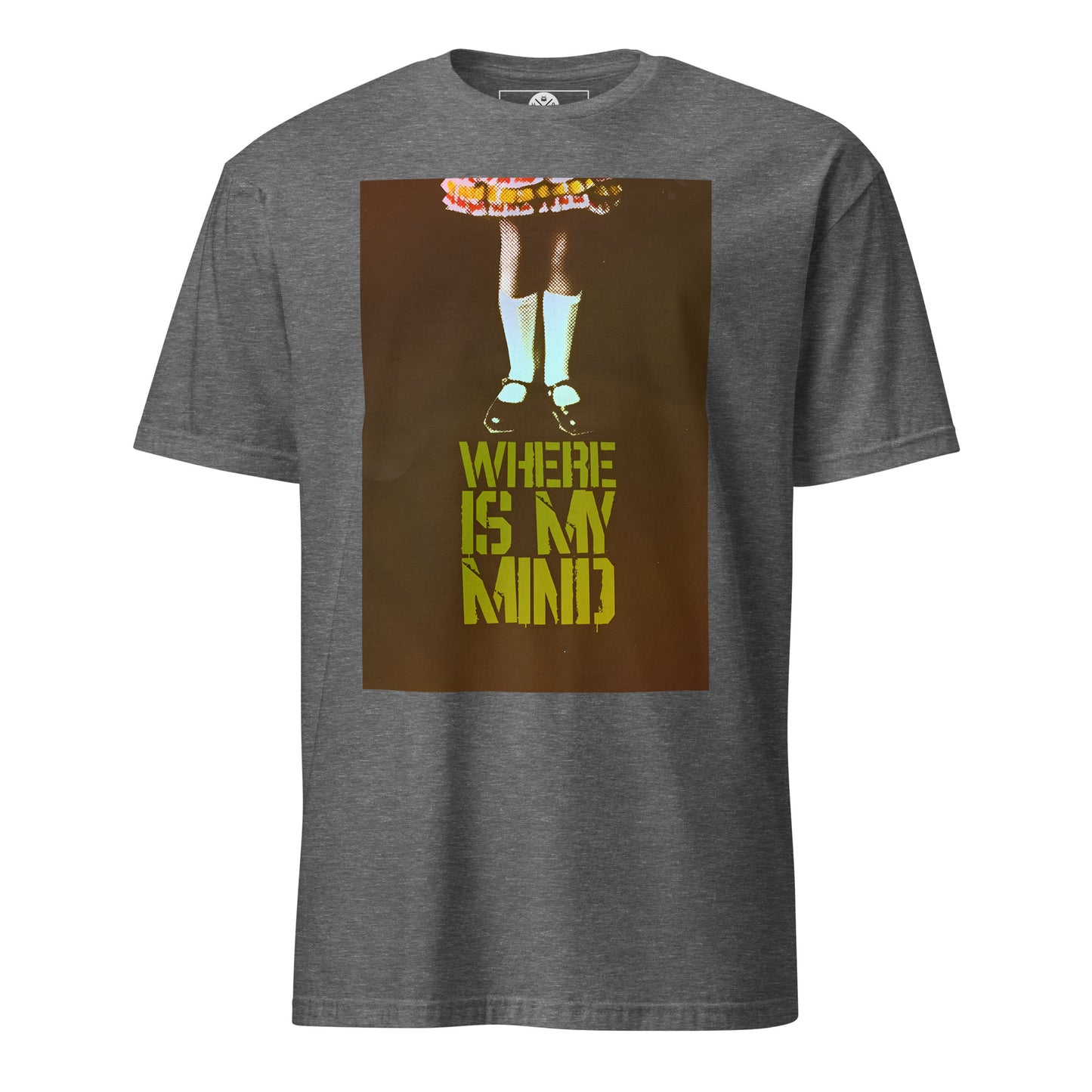 Where Is My Mind Pixies inspired graphic on an grey heather T-shirt with blurred image and bold yellow distressed text