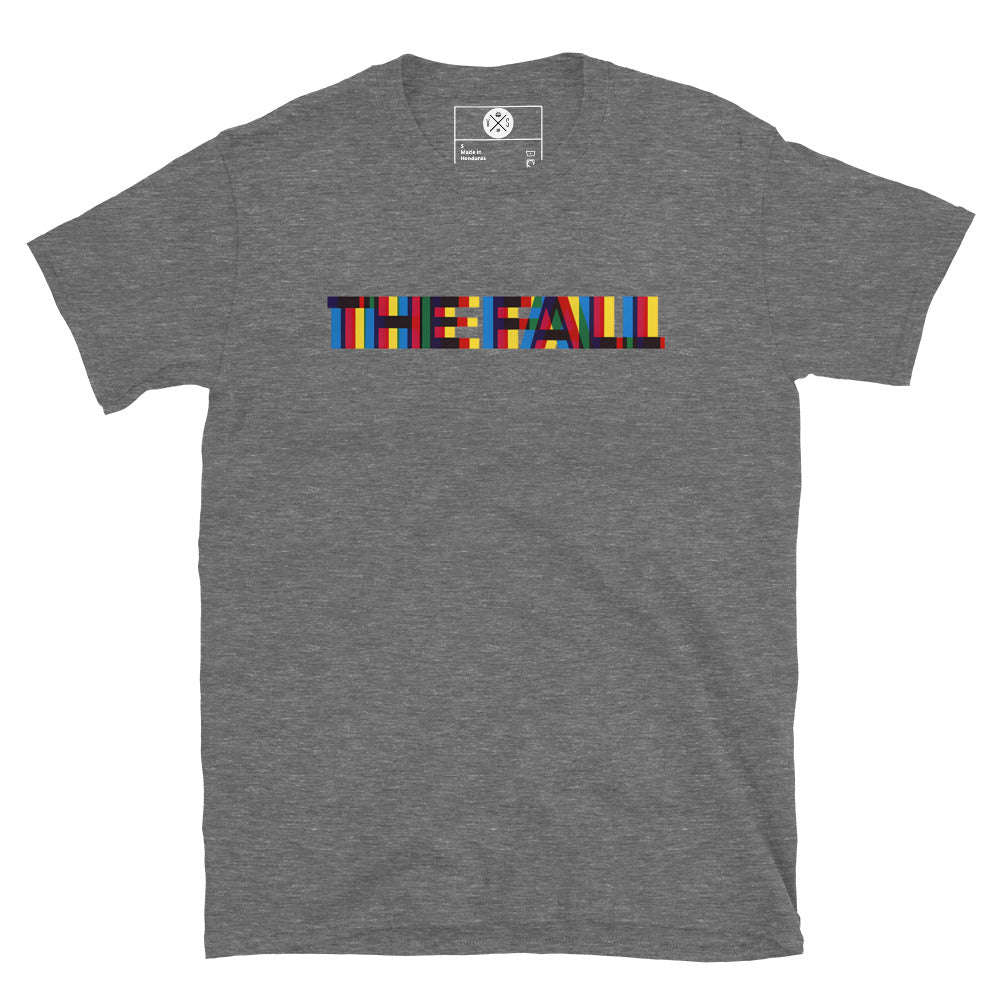 The Fall colour block logo printed on a heather grey T-shirt