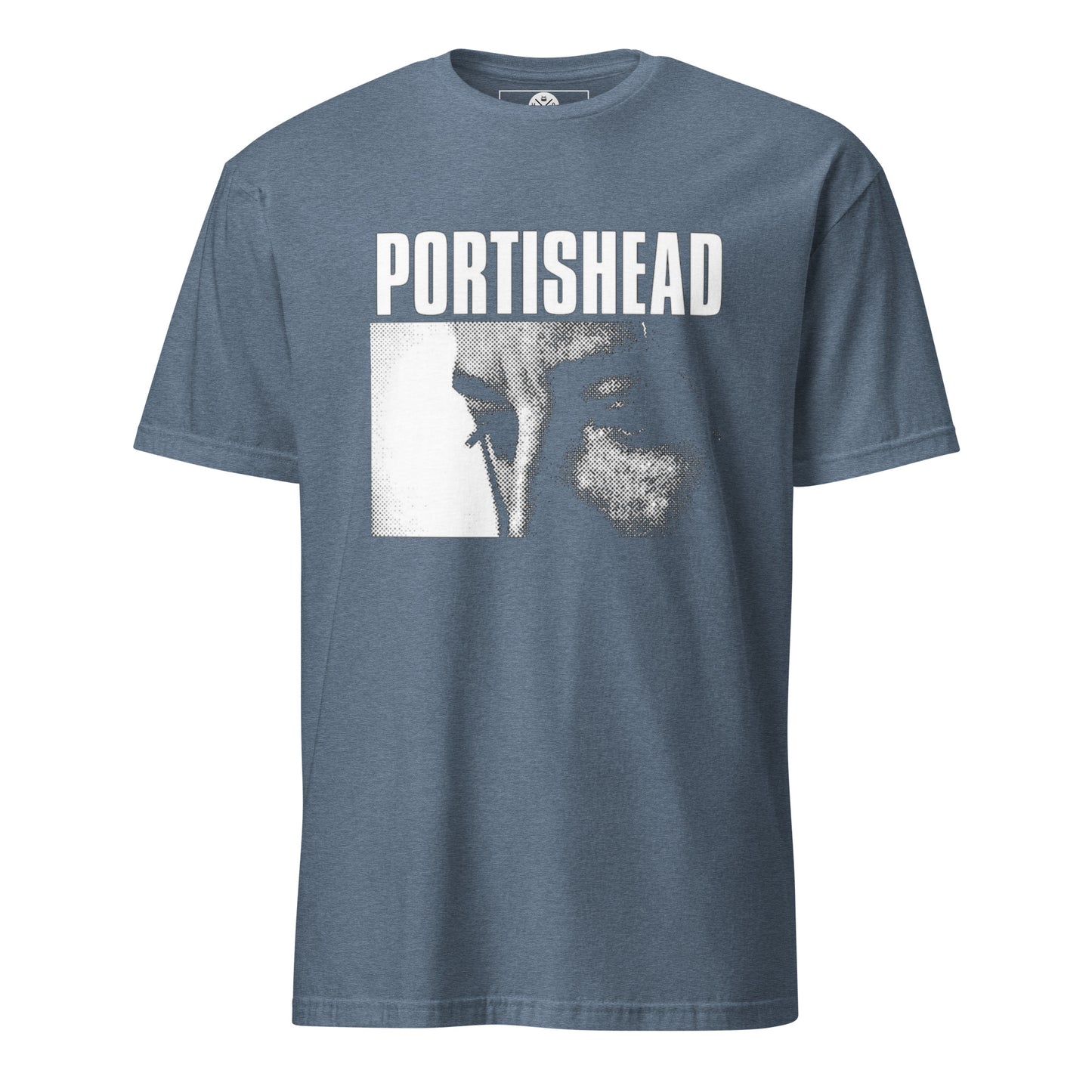 Portishead inspired halftone graphic T-shirt front on heather indigo cotton