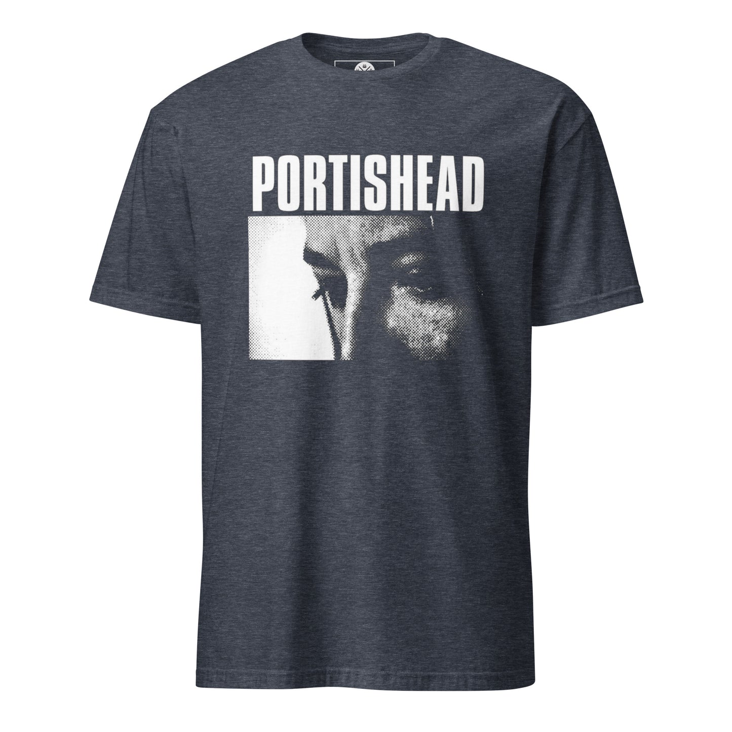 Portishead inspired halftone graphic T-shirt front on heather navy cotton
