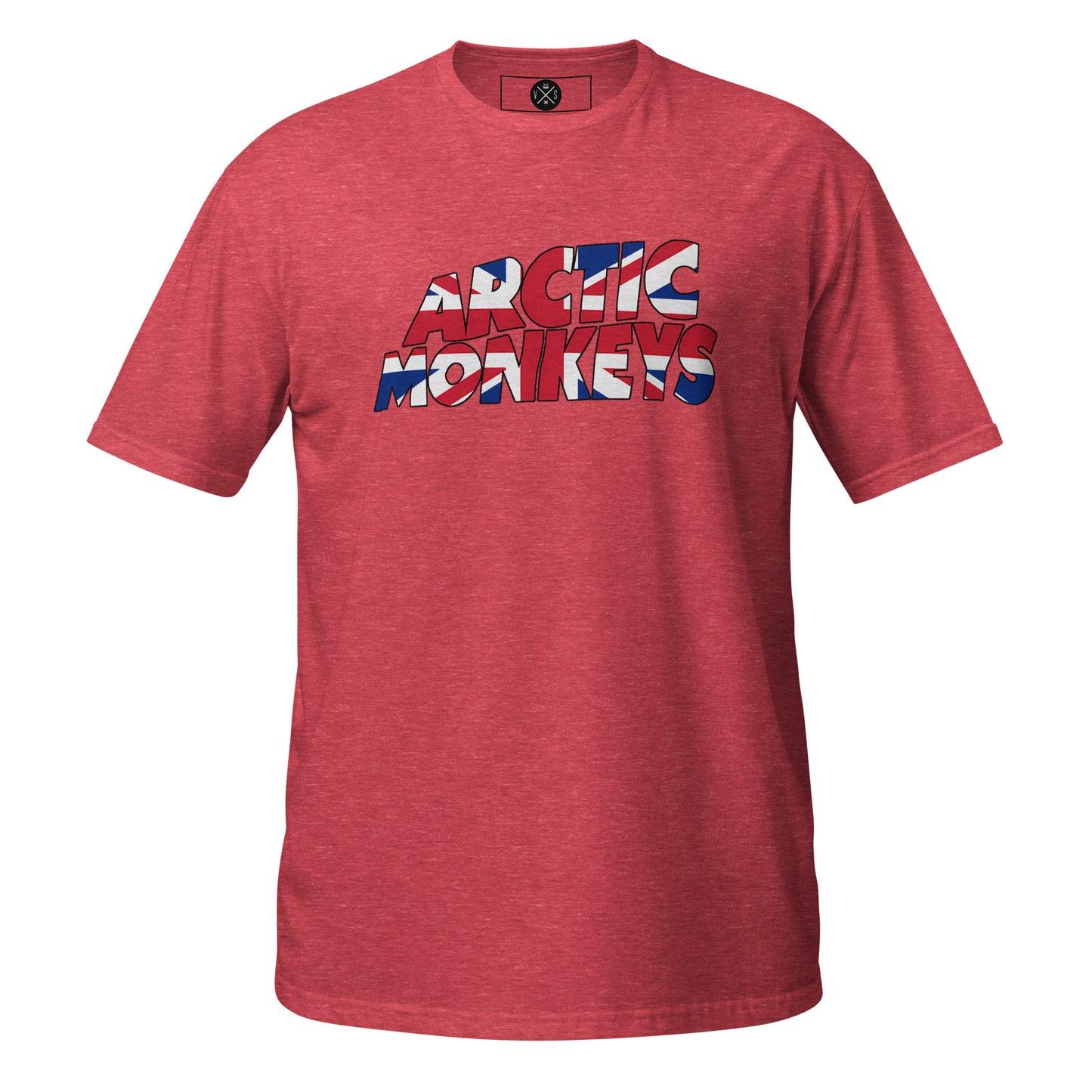 Arctic Monkeys graphic T-shirt with Union Jack-inspired text design and British indie rock style heather red