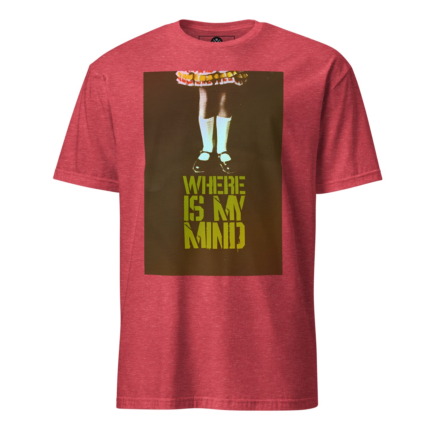 Where Is My Mind Pixies inspired graphic on an red heather T-shirt with blurred image and bold yellow distressed text