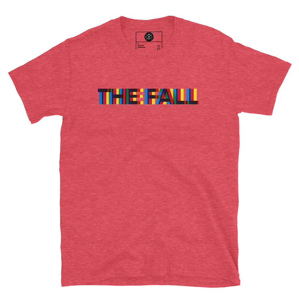 The Fall colour block logo printed on a red heather T-shirtp