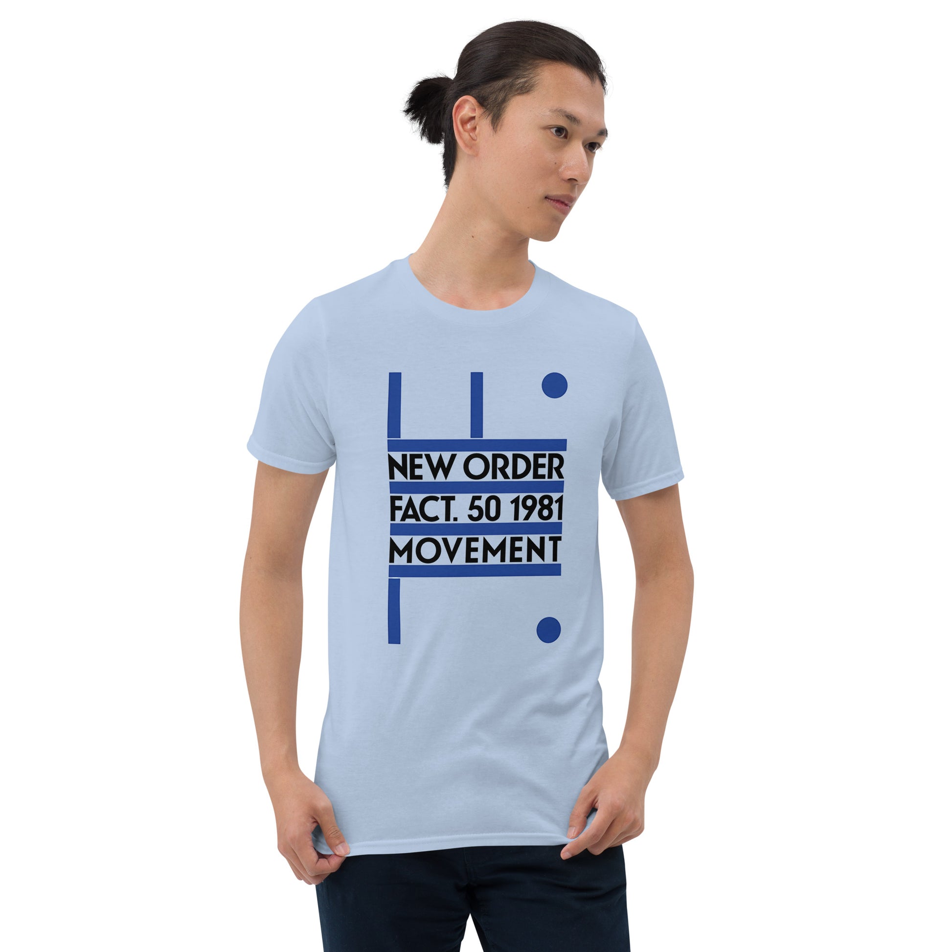 New Order Movement graphic T-shirt front on light blue cotton