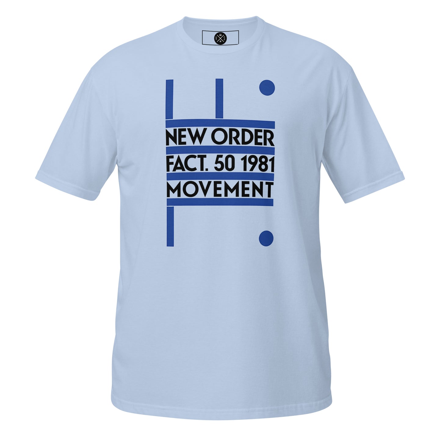 New Order Movement graphic T-shirt front on light blue cotton
