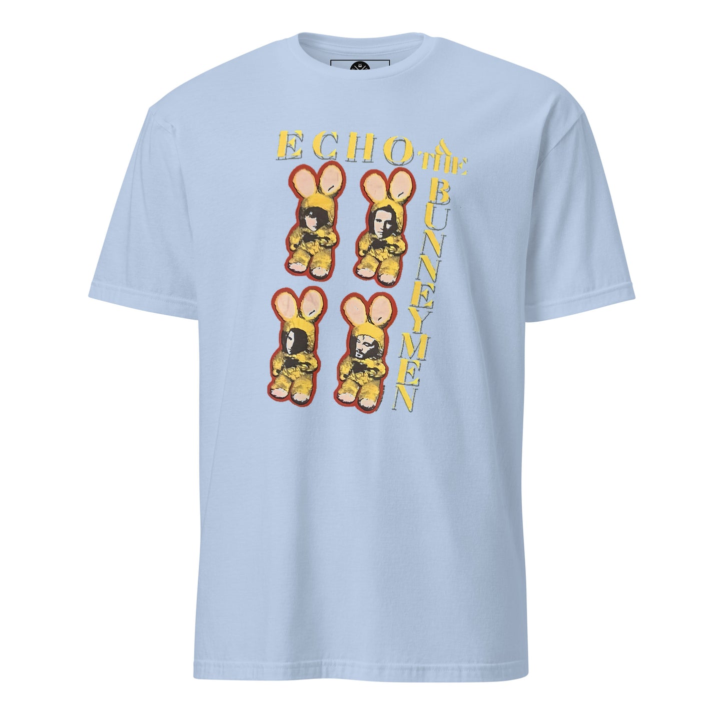 Echo & the Bunnymen graphic T-shirt front on light blue cotton