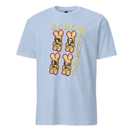 Echo & the Bunnymen graphic T-shirt front on light blue cotton