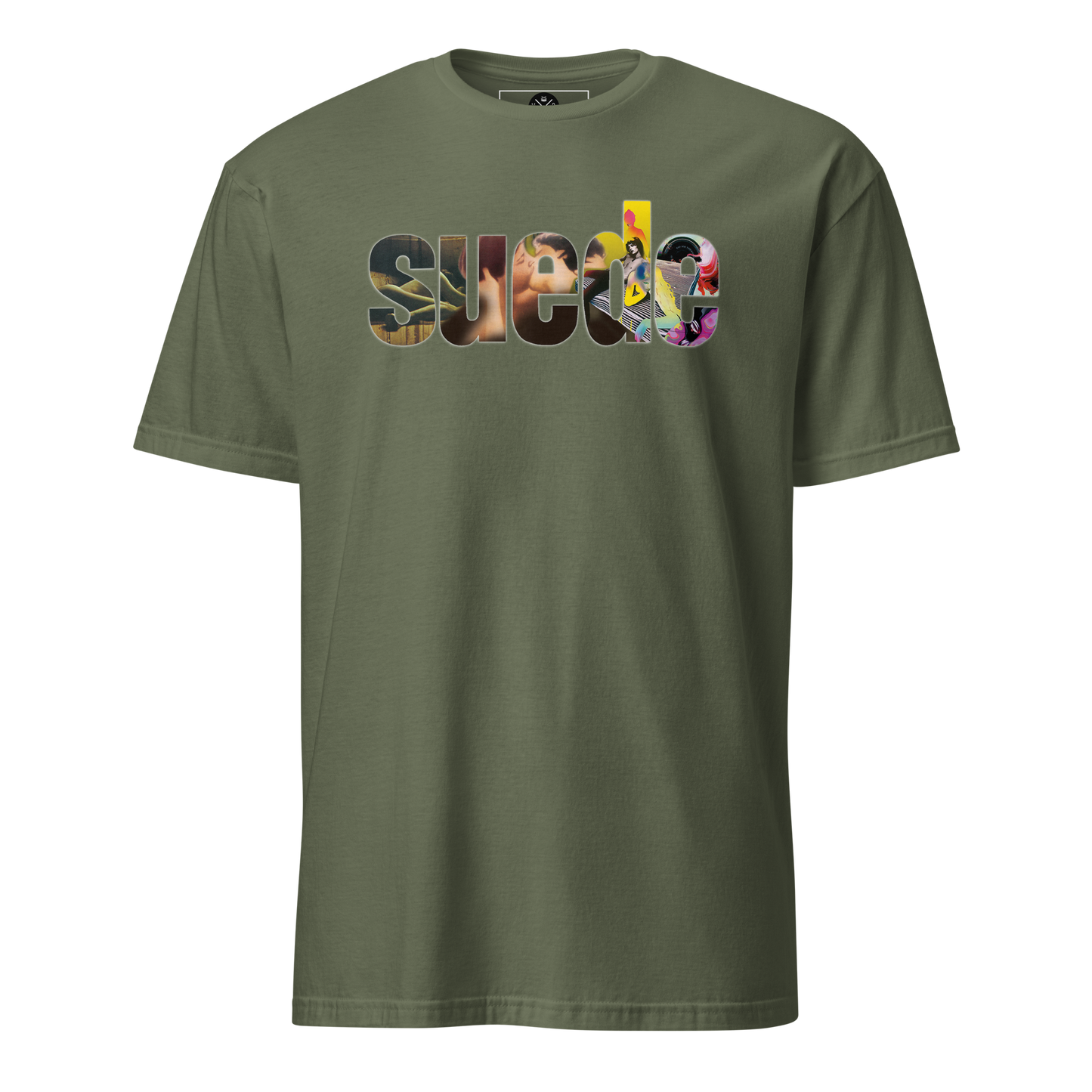 Suede graphic T-shirt front on military green cotton