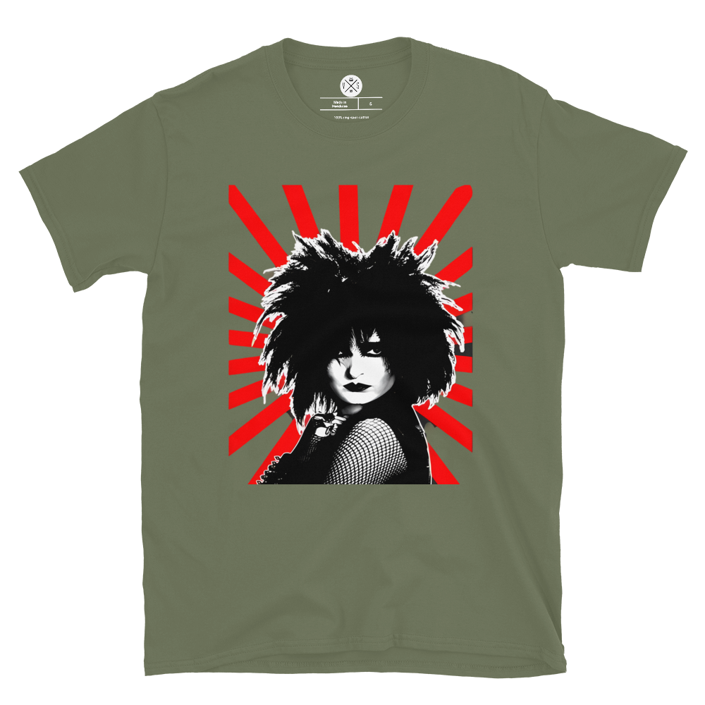 Siouxsie and the Banshees Rising Sun graphic T-shirt front on military green cotton