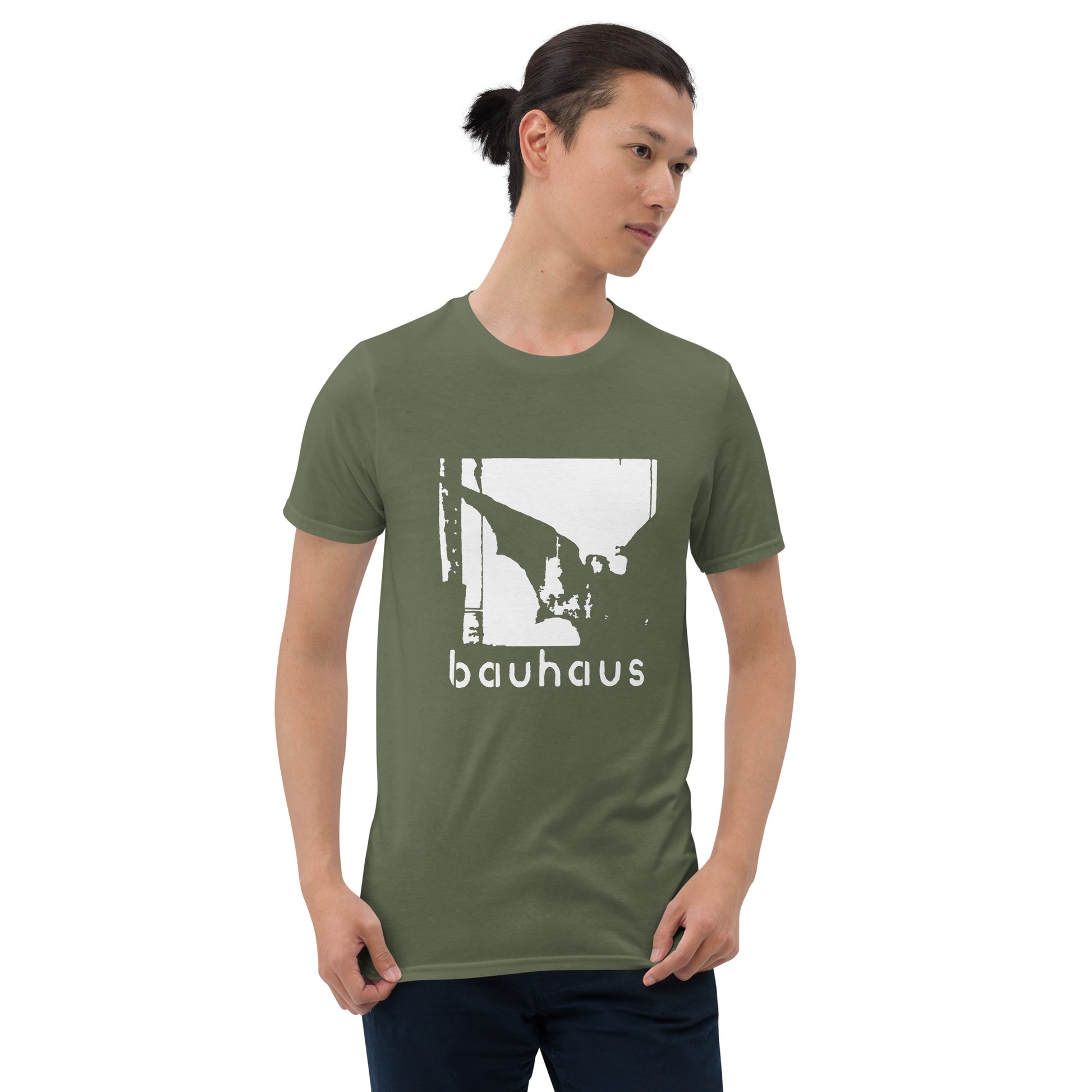 Bauhaus gothic graphic T-shirt front on military green cotton