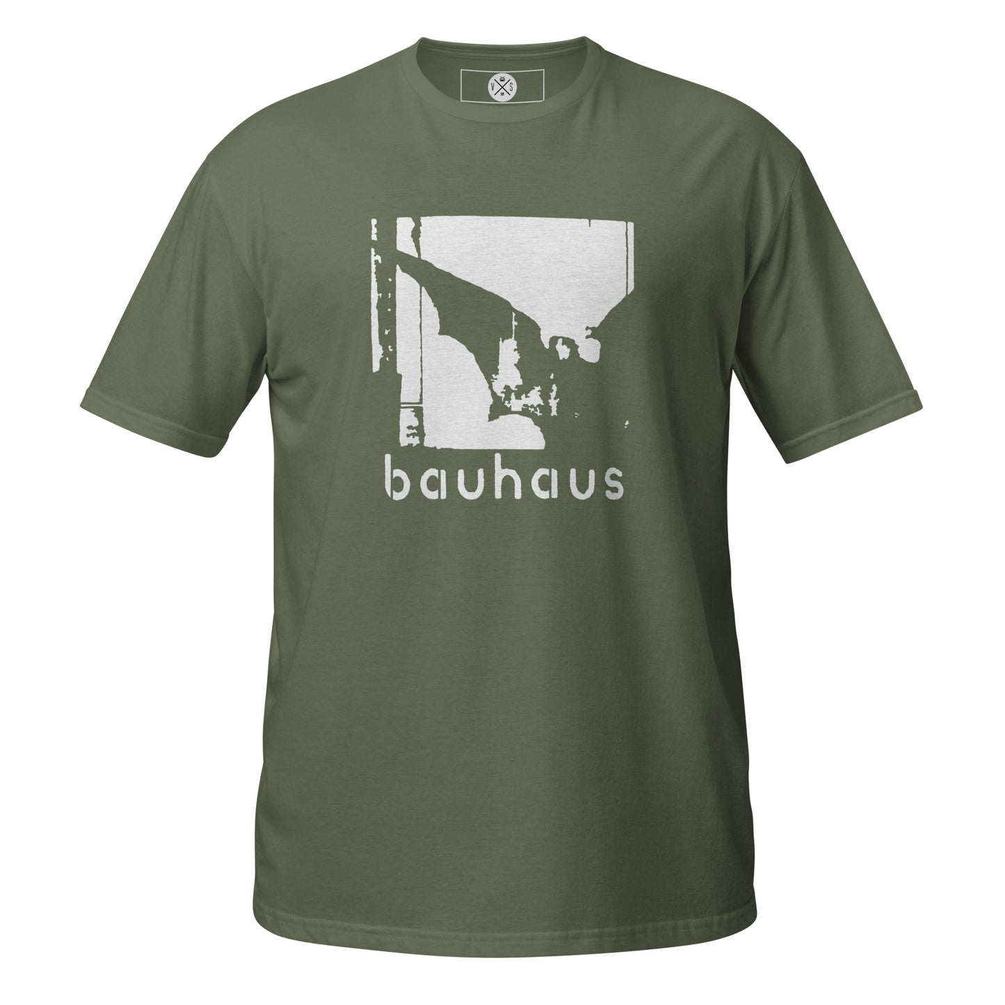 Bauhaus gothic graphic T-shirt front on military green cotton
