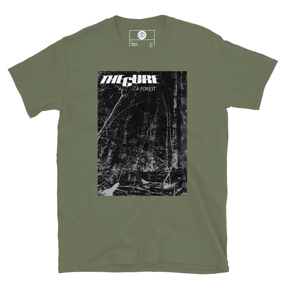 The Cure A Forest graphic T-shirt front on military green cotton