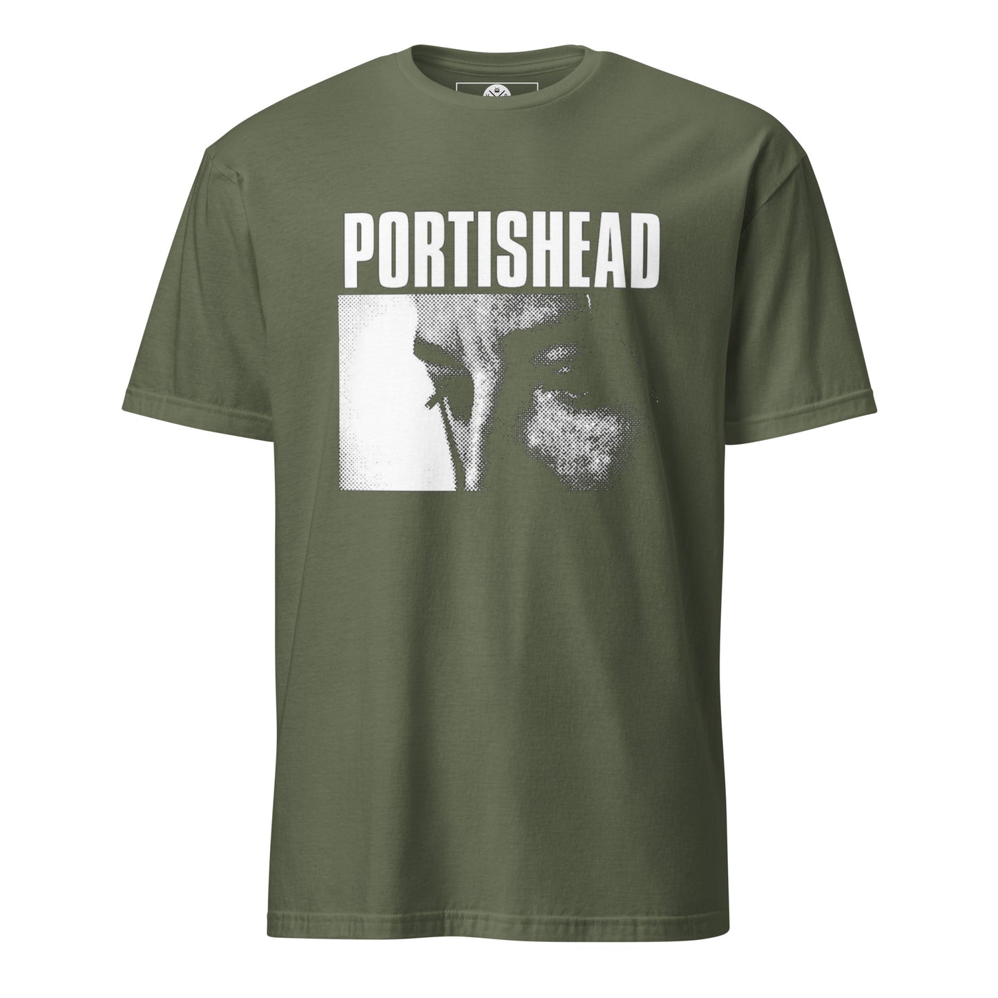 Portishead inspired halftone graphic T-shirt front on military green cotton
