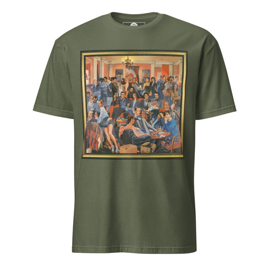 The Ruts The Crack T-shirt featuring illustrated album artwork with a crowded late-70s interior scene- Military Green