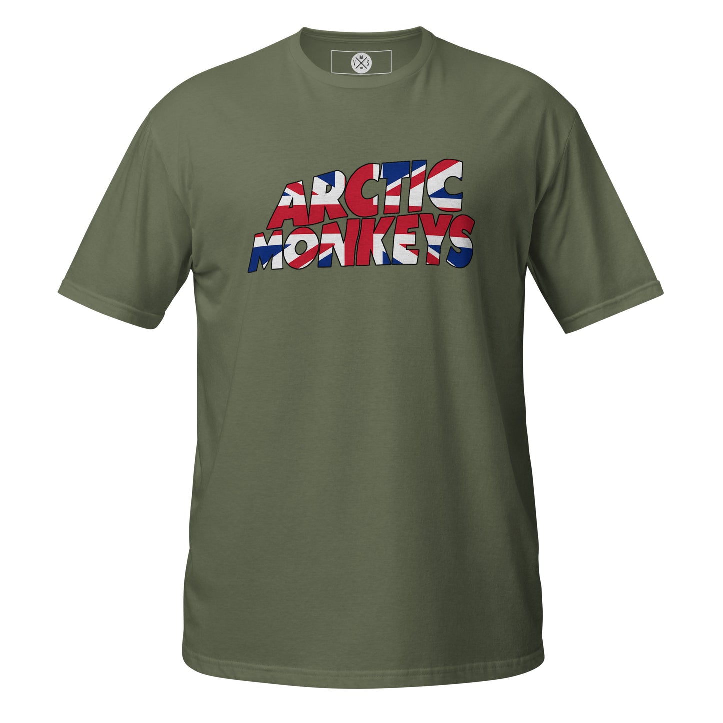 Arctic Monkeys graphic T-shirt with Union Jack-inspired text design and British indie rock style military green