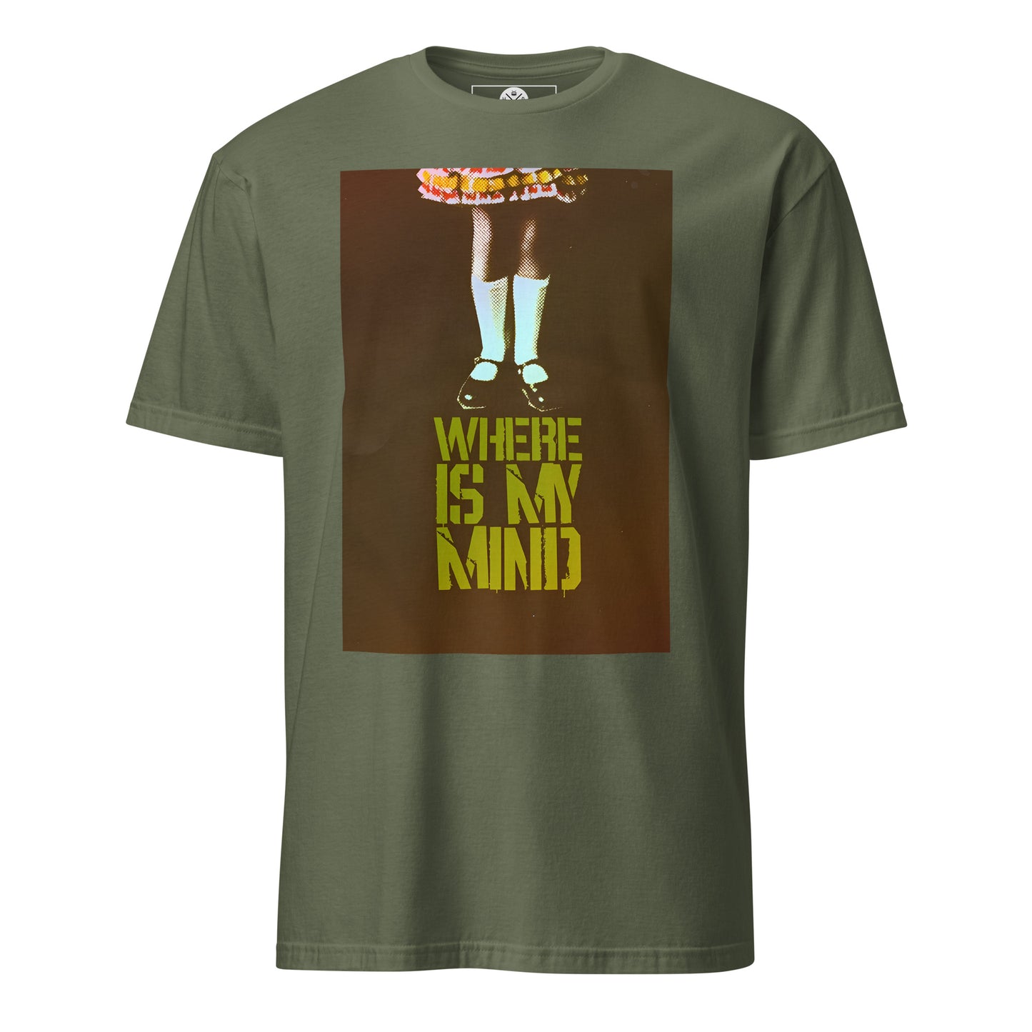 Where Is My Mind Pixies inspired graphic on an army green T-shirt with blurred image and bold yellow distressed text